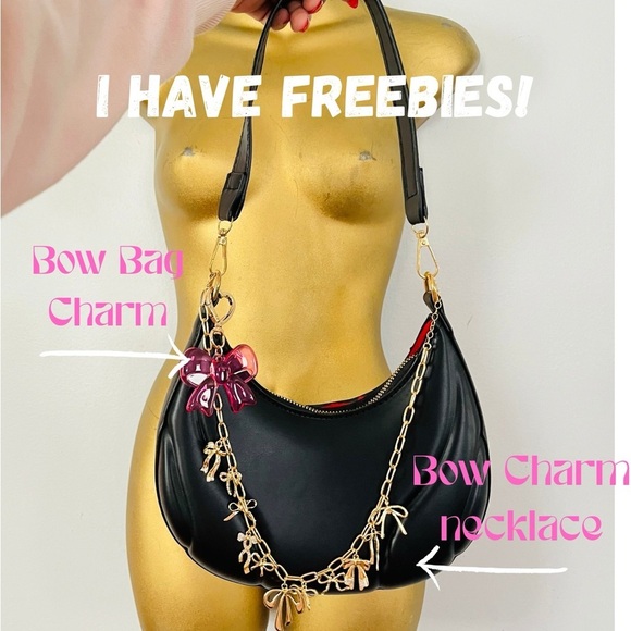 Black Leather Shoulder Bag with Bow Charm - Picture 1 of 4